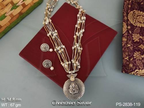 Designer Fancy Style Ganesha Pendant Antique Oxidised Jewellery Long Temple Necklace Set 