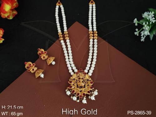 clustered-pearl-god-laxmi-design-pendant-high-gold-polish-designer-long-temple-jewelery-temple-pendant-set-