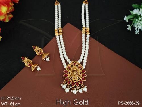 designer-fancy-style-party-wear-high-gold-polish-clustered-pearl-god-laxmi-pendant-temple-jewellery-pendant-set-