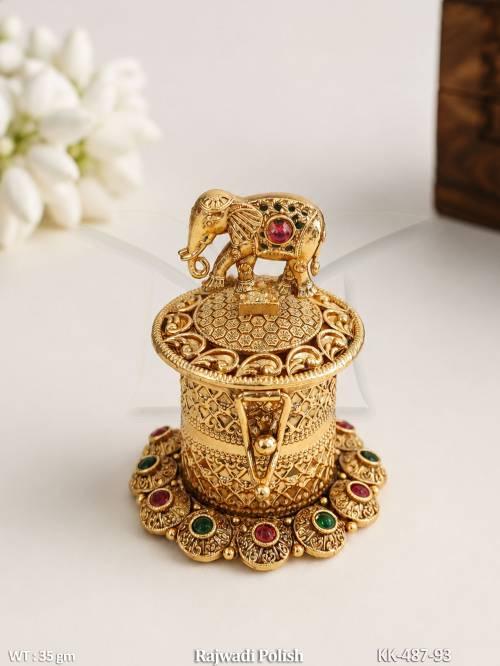 Rajwadi Gold Elephant Motif Sindoor Box with Gemstone Work