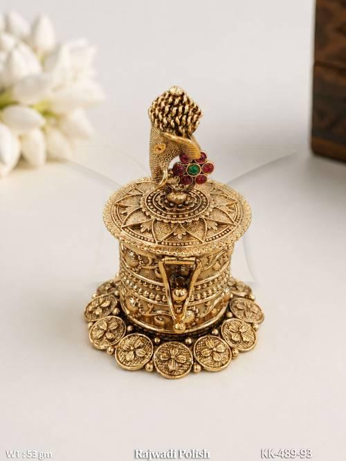 Rajwadi Gold Peacock Motif Sindoor Box with Gemstone Work