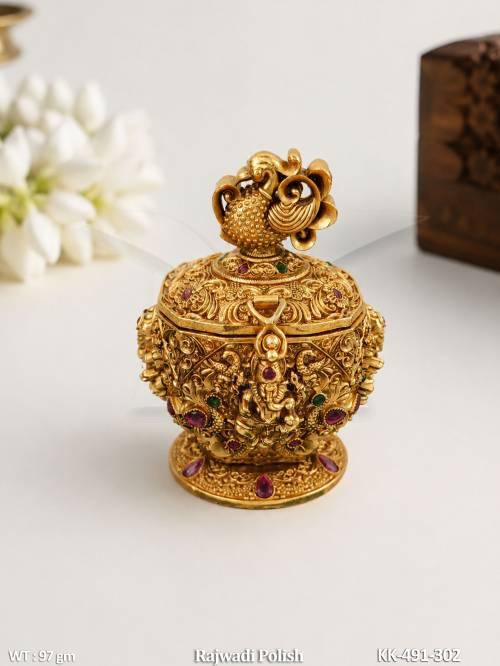 Traditional Gold Plated Kumkum Box with Ruby Stone Detailing
