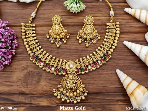 Temple Design  Matte Gold Polish Full Stone Necklace Set 