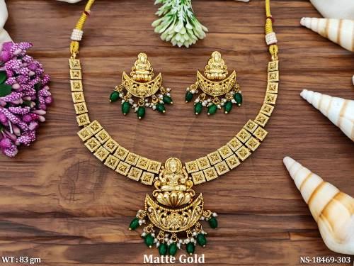 Temple Design Matte Gold Polish Clustered Pearl Necklace Set  
