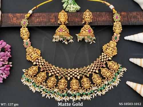 Temple Designer Matte Gold Polish Laxmi Necklace Set  