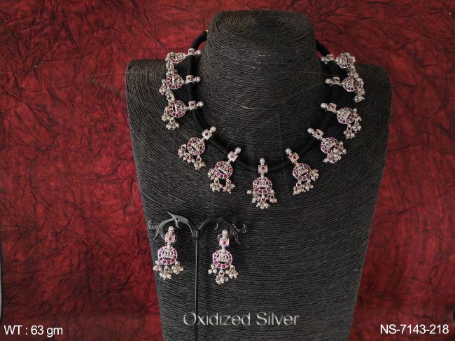 Oxidized Silver Full Stone clustered Pearls Choker style Beautiful Necklace set