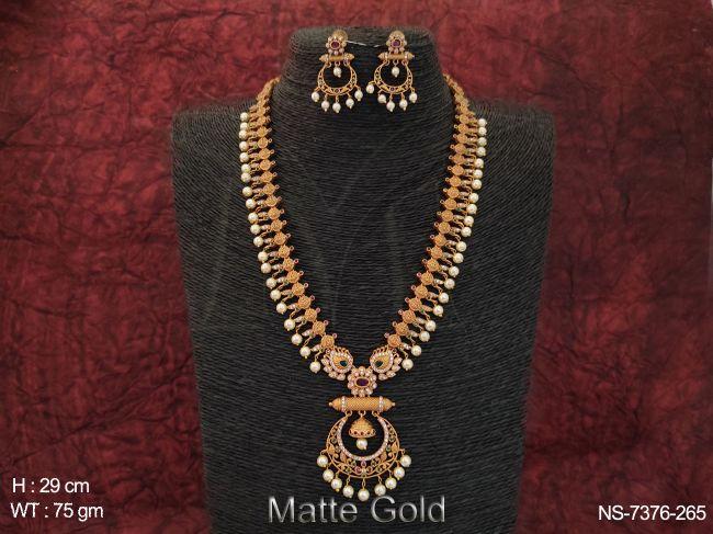 designer temple jewelry matte gold polish designer stylish long necklace set