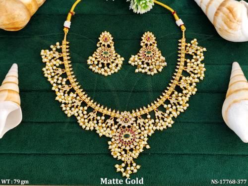 Traditional South Indian Kemp Necklace Set with Pearl Clusters and Antique Gold Finish