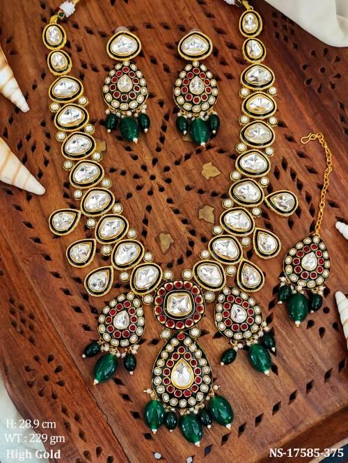 Uncut Stone Kundan Necklace with Red & Green Beads