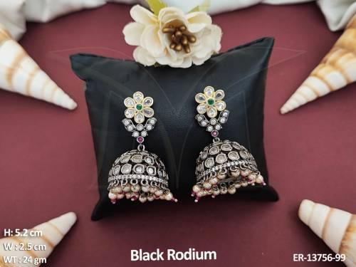 Victorian Jewellery Black Rodium Polish Full Stone Fancy Design Victorian Jhumka Earrings