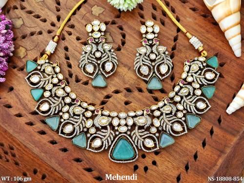 Victorian Kundan Full Stone Mehendi Polish Short Necklace Set  