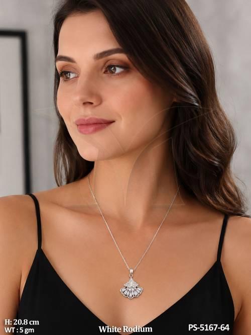 American Diamond Pendant Set White Rodium Polish