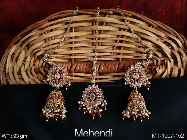 ANTIQUE DESIGNER OVAL SHAPE STONE MEHENDI POLISHED MAANG TIKKA EARRING