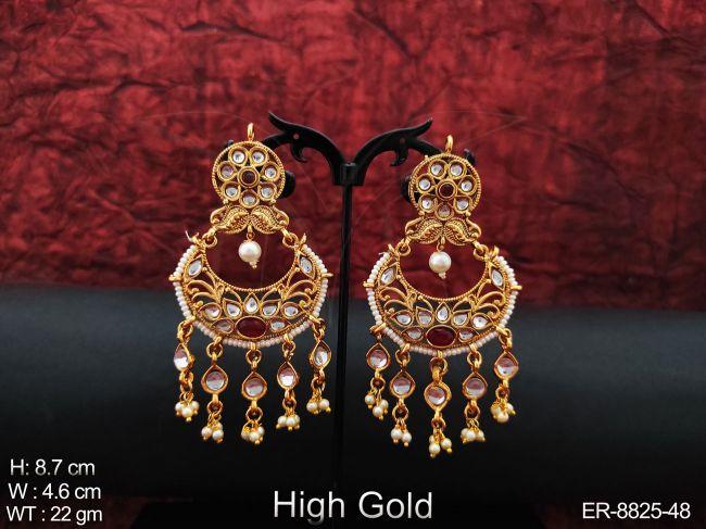 Beautiful Fancy Designer Clustered Pearl High gold Polish Antique Full white Stones Party wear Tassels Long Earring